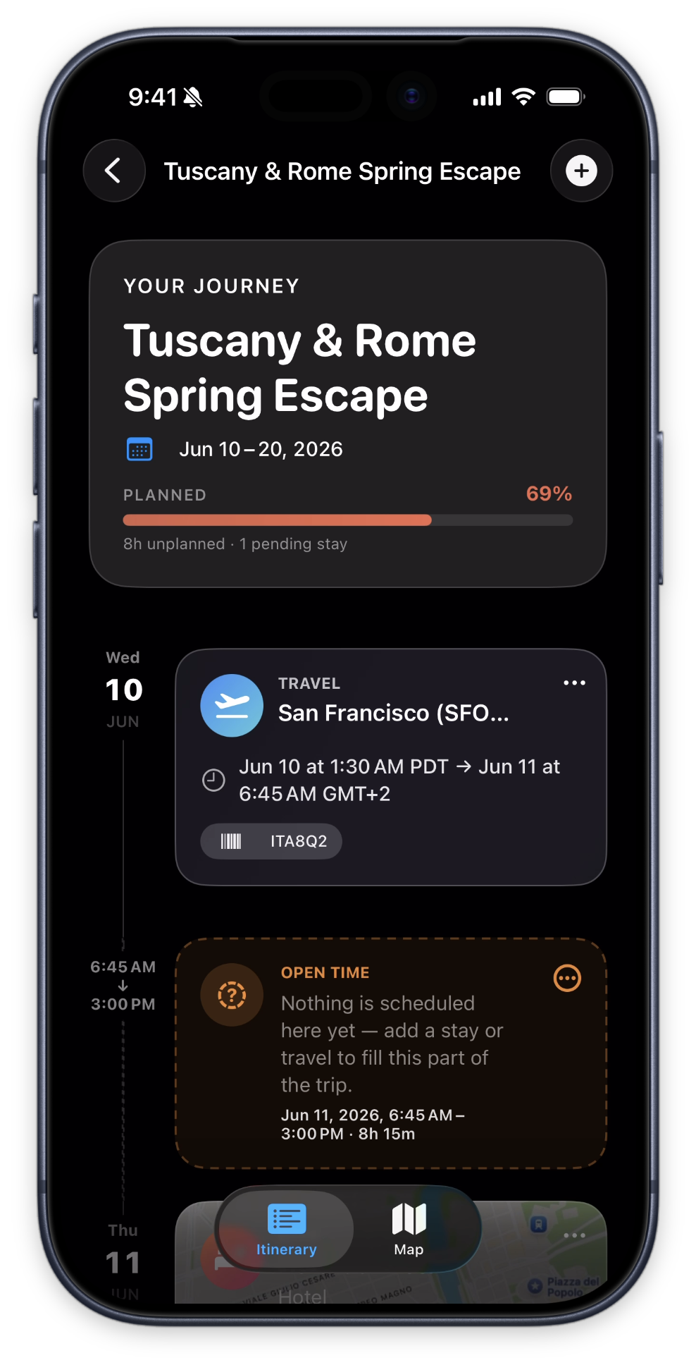 Voyager on iPhone showing trip details