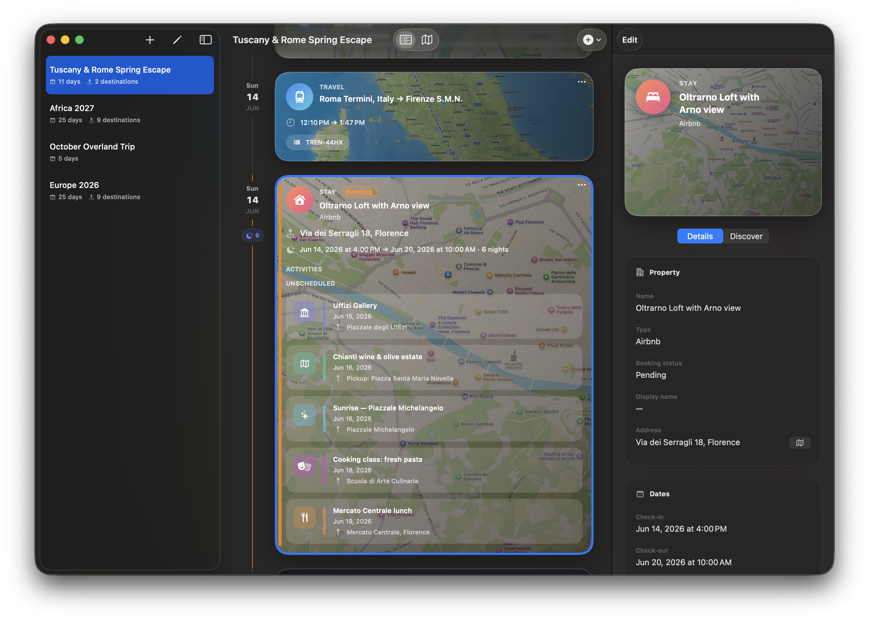 Voyager on Mac showing an Italy trip itinerary