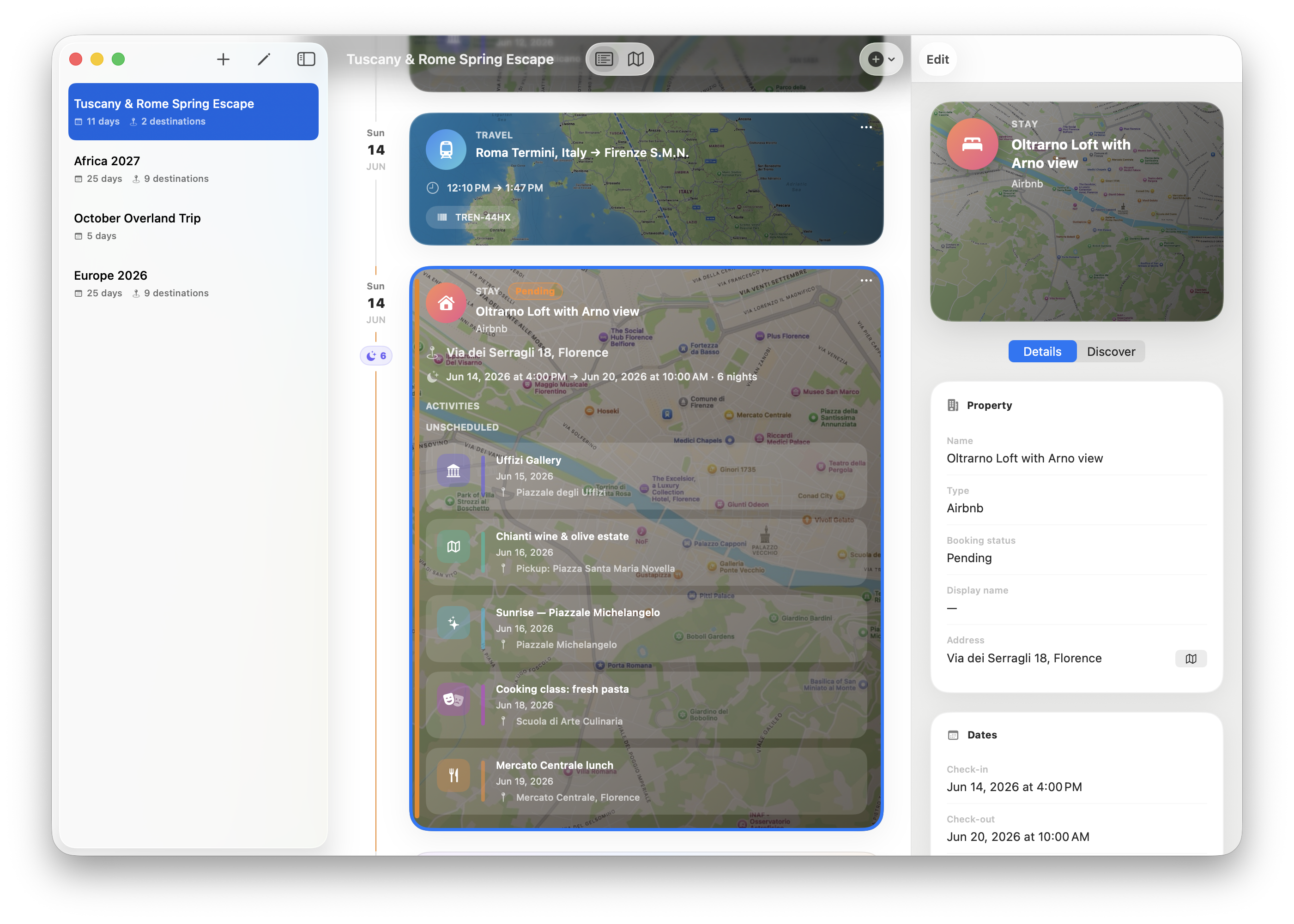 Voyager itinerary timeline on Mac