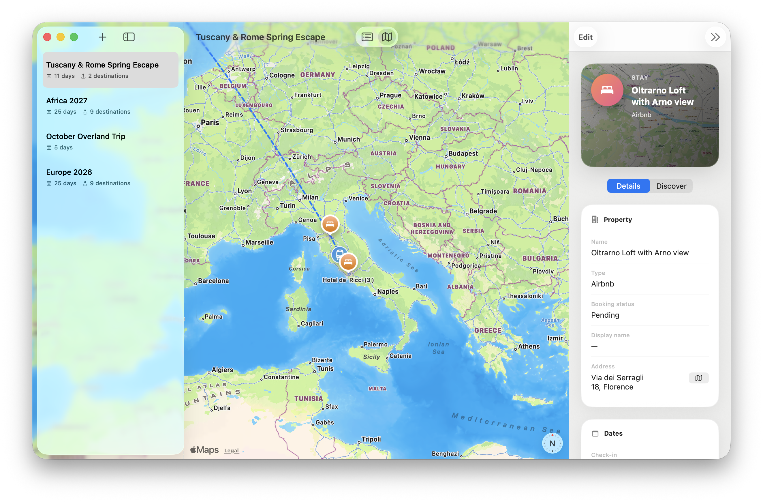 Voyager map view showing a flight route from the US to Italy